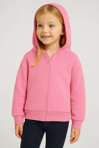 Kız Çocuk Pembe Fermuarlı Kapşonlu Düz Sweatshirt Hırka - _1Pembe1 