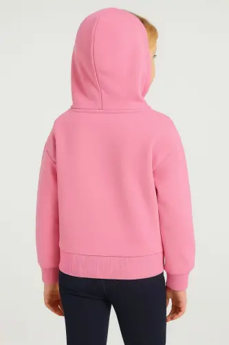 Kız Çocuk Pembe Fermuarlı Kapşonlu Düz Sweatshirt Hırka - _1Pembe1 - 2