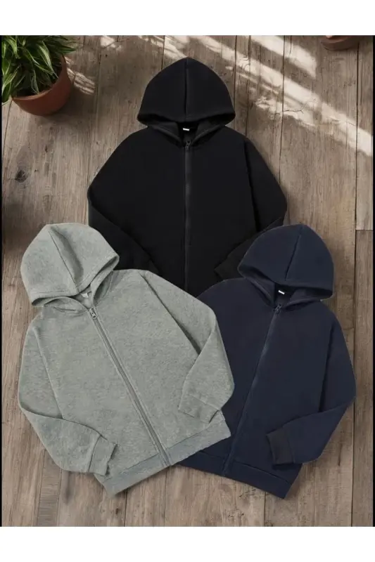 Kız-Erkek Çocuk ve Yetişkin Unisex 3'lü Paket Siyah-Gri-Lacivert Şardonlu Fermuarlı Hırka - LACİVERT-SİYAH-GRİ - 1