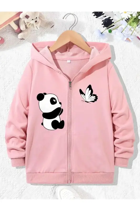 Kız Çocuk Pembe Panda Kelebek Baskılı Kapşonlu Fermuarlı Hırka - Pembe1- - 1