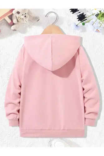 Kız Çocuk Pembe Panda Kelebek Baskılı Kapşonlu Fermuarlı Hırka - Pembe1- - 2