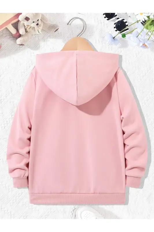 Kız Çocuk Pembe Panda Kelebek Baskılı Kapşonlu Fermuarlı Hırka - Pembe1- - 2