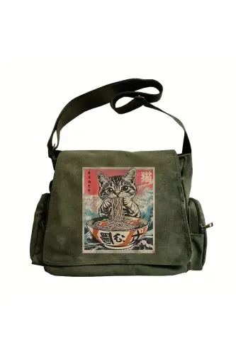 Cute Design Baskılı Unisex Yeşil Postacı Çantası - Cute Cat - 5