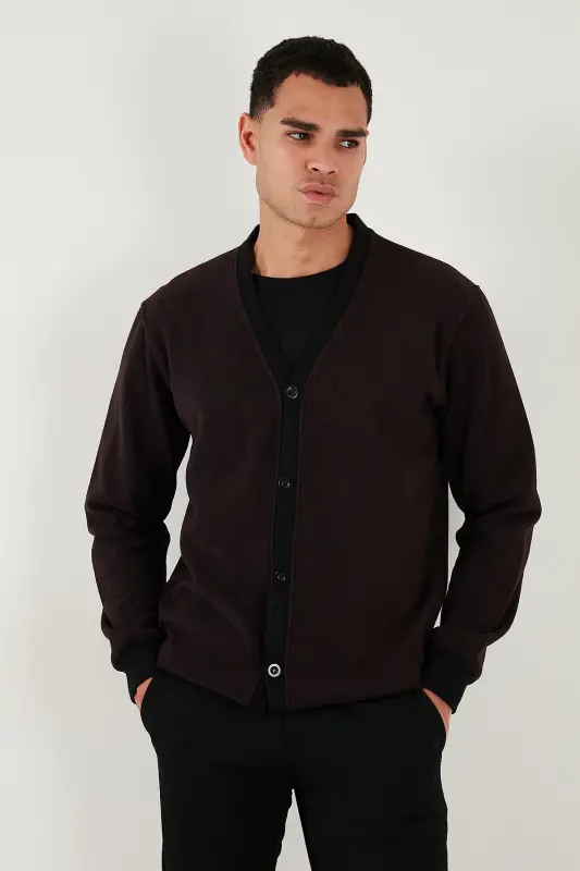 Pamuklu Regular Fit Düğmeli V Yaka Hırka Erkek HIRKA 456205 - BORDO - 10