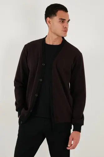 Pamuklu Regular Fit Düğmeli V Yaka Hırka Erkek HIRKA 456205 - BORDO - 5