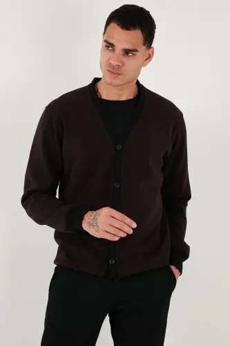 Pamuklu Regular Fit Düğmeli V Yaka Hırka Erkek HIRKA 456205 - BORDO - 6