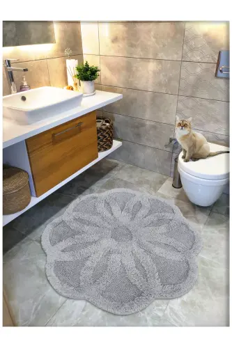 Pamuk Tafting Su Emici Banyo Paspası, Banyo Halısı Lotus 100 X 100 Cm Gri - Gri 