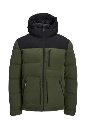 Jack&Jones Minimalist Oversize Kapüşonlu Erkek Kışlık Mont - Koyu Yeşil 