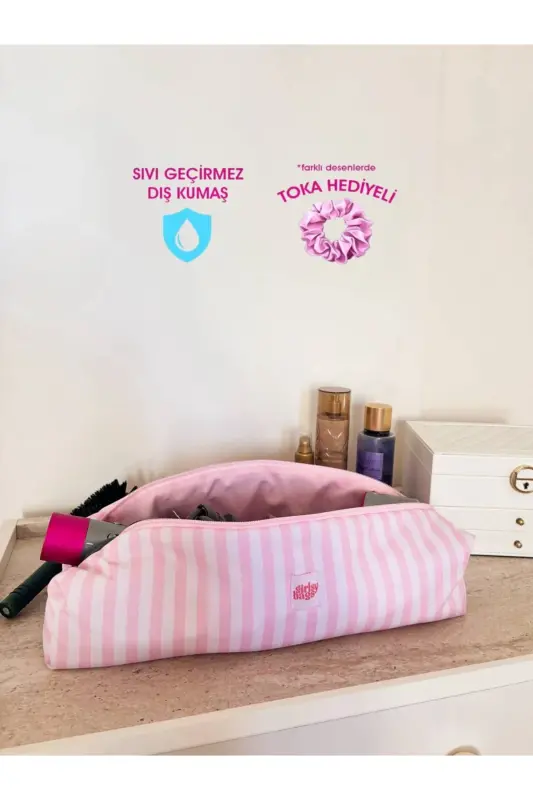 Toz Pembe Çizgili Saç Düzleştirici Çantası Sıvı Geçirmez Airwrap Airstrait Uyumlu Seyahat Çantası - Toz Pembe Çizgili - 1