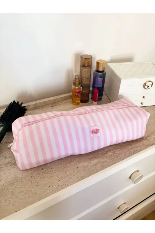 Toz Pembe Çizgili Saç Düzleştirici Çantası Sıvı Geçirmez Airwrap Airstrait Uyumlu Seyahat Çantası - Toz Pembe Çizgili - 4