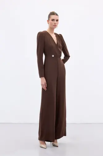 Kruvaze Süs Taşlı Krep Tulum - Kahve - Kahve - 2