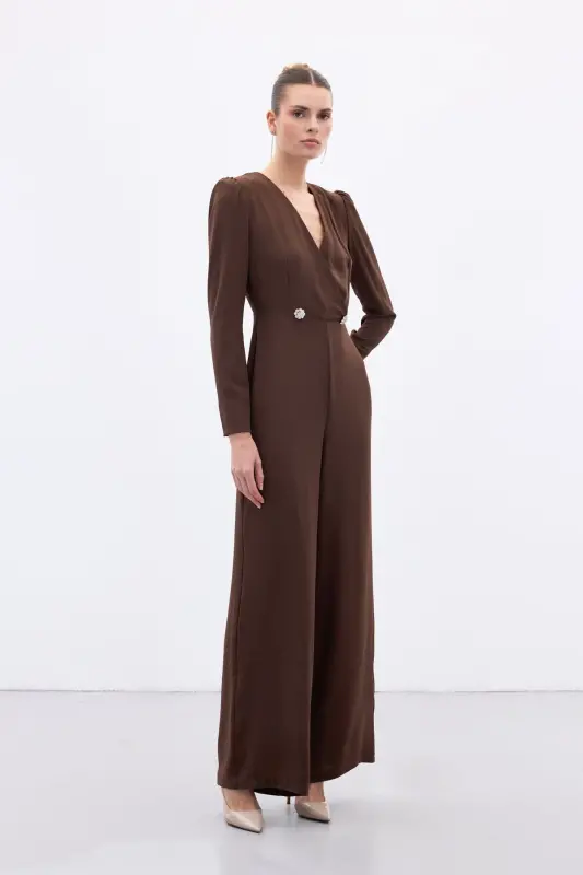 Kruvaze Süs Taşlı Krep Tulum - Kahve - Kahve - 2