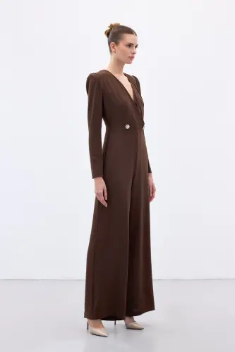 Kruvaze Süs Taşlı Krep Tulum - Kahve - Kahve - 3