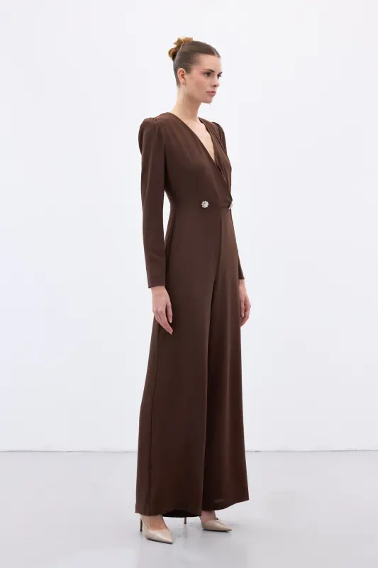 Kruvaze Süs Taşlı Krep Tulum - Kahve - Kahve - 3
