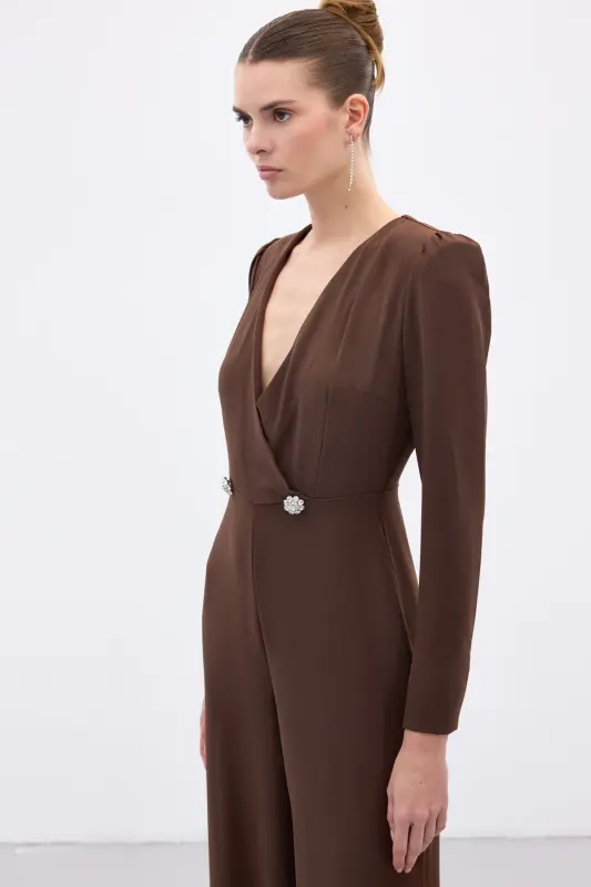 Kruvaze Süs Taşlı Krep Tulum - Kahve - Kahve - 4