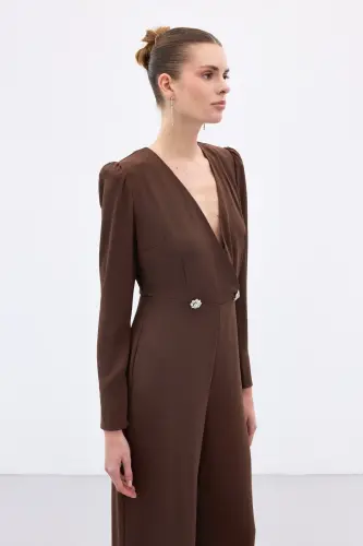 Kruvaze Süs Taşlı Krep Tulum - Kahve - Kahve - 6