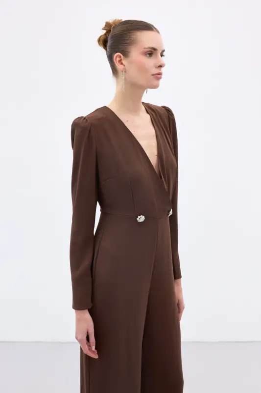 Kruvaze Süs Taşlı Krep Tulum - Kahve - Kahve - 6