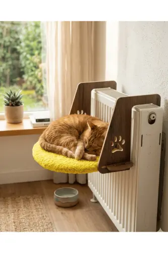 Kalorifer Petek Radyatör Yatağı Kedi Peluş Kalorifer Yatağı (Kolay Montaj Geçmeli Sistem) - SARI - 5
