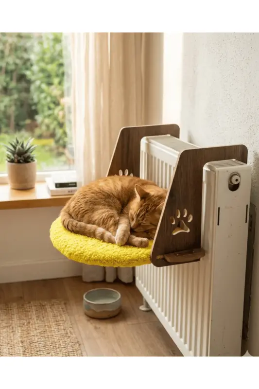 Kalorifer Petek Radyatör Yatağı Kedi Peluş Kalorifer Yatağı (Kolay Montaj Geçmeli Sistem) - SARI - 5