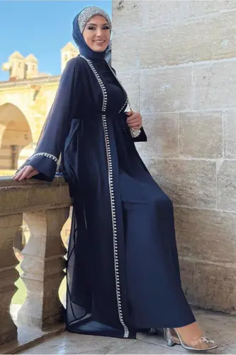 KADIN LACİVERT (K.LACİVERT) KUŞAKLI ABAYA TAKIM T 3948 - LACİVERT (K.LACİVERT) - 1