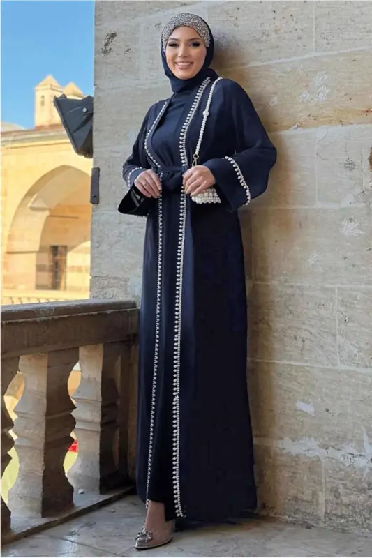 KADIN LACİVERT (K.LACİVERT) KUŞAKLI ABAYA TAKIM T 3948 - LACİVERT (K.LACİVERT) - 2