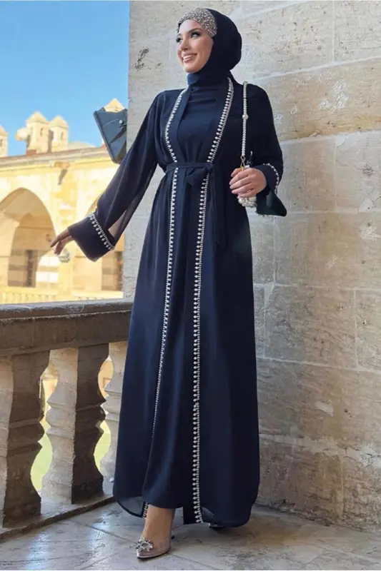KADIN LACİVERT (K.LACİVERT) KUŞAKLI ABAYA TAKIM T 3948 - LACİVERT (K.LACİVERT) - 3