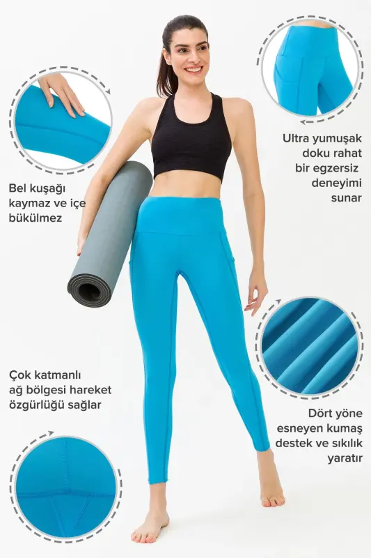 Kadın Turkuaz Yüksek Belli Çift Cepli Tayt - Turkuaz - 3