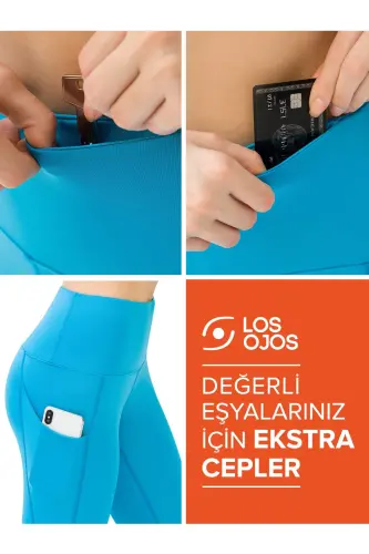 Kadın Turkuaz Yüksek Belli Çift Cepli Tayt - Turkuaz - 4
