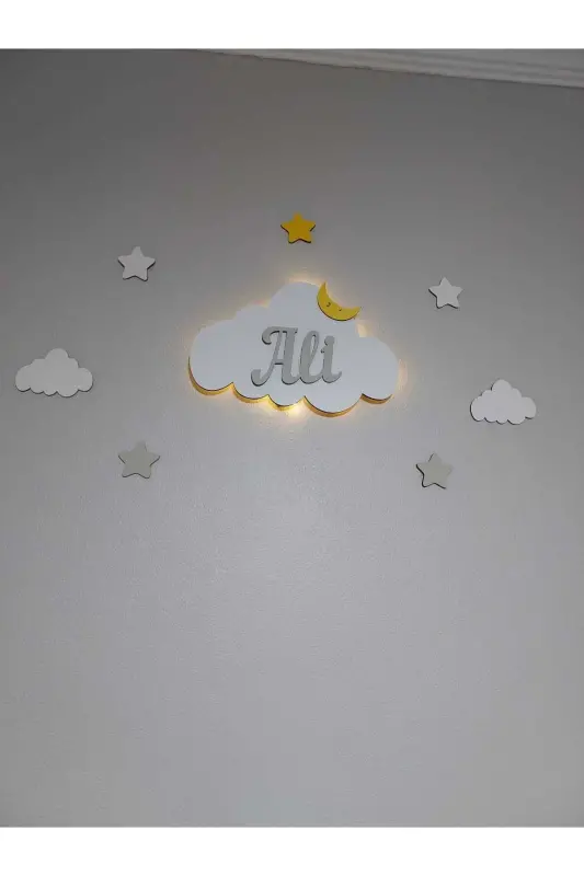 Bebek Hediyelik Ahşap Isimli Bulut Gece Lambası Ledli Aydınlatma Yenidoğan Hediyelik - Gri - 11