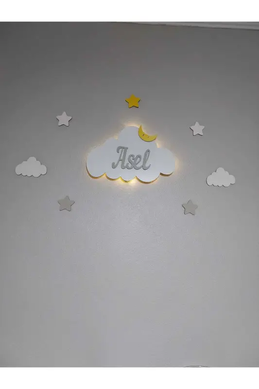 Bebek Hediyelik Ahşap Isimli Bulut Gece Lambası Ledli Aydınlatma Yenidoğan Hediyelik - Gri - 2