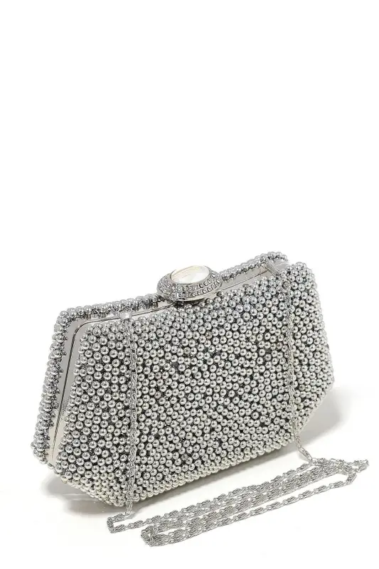 Gümüş Renk İncili Abiye Çanta Sedef Renk Gelin Çantası Abiye Çanta Gece Çantası Portföy Clutch - Gümüş - 3