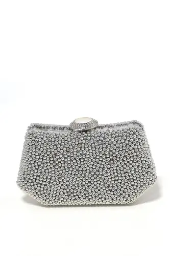Gümüş Renk İncili Abiye Çanta Sedef Renk Gelin Çantası Abiye Çanta Gece Çantası Portföy Clutch - Gümüş - 4