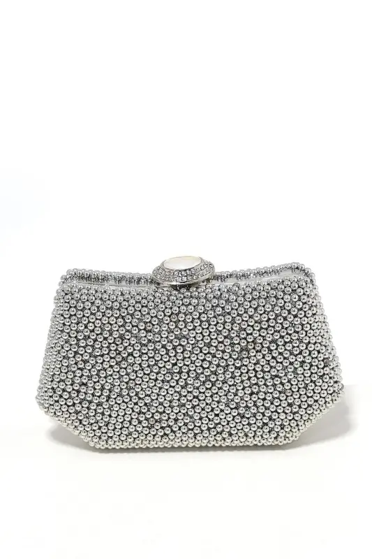 Gümüş Renk İncili Abiye Çanta Sedef Renk Gelin Çantası Abiye Çanta Gece Çantası Portföy Clutch - Gümüş - 4