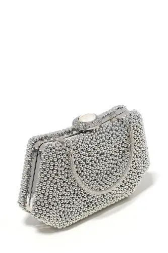 Gümüş Renk İncili Abiye Çanta Sedef Renk Gelin Çantası Abiye Çanta Gece Çantası Portföy Clutch - Gümüş - 5