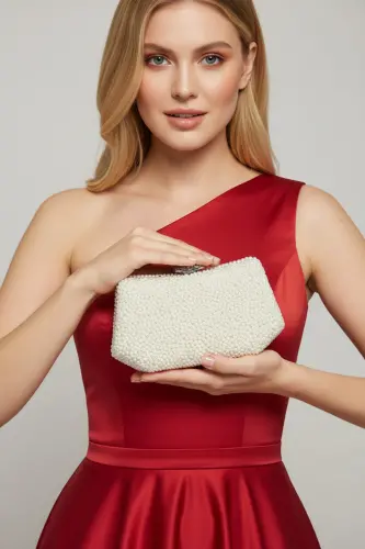 İncili Abiye Çanta Sedef Renk Gelin Çantası Abiye Çanta Gece Çantası Portföy Clutch - Sedef 
