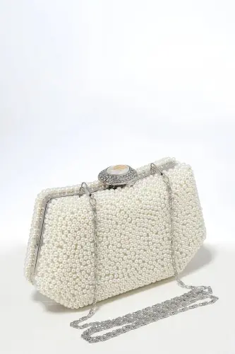 İncili Abiye Çanta Sedef Renk Gelin Çantası Abiye Çanta Gece Çantası Portföy Clutch - Sedef - 4
