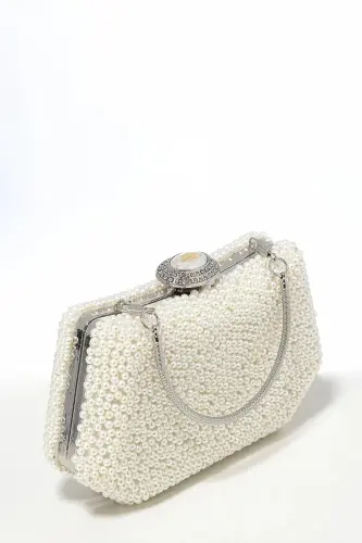 İncili Abiye Çanta Sedef Renk Gelin Çantası Abiye Çanta Gece Çantası Portföy Clutch - Sedef - 5