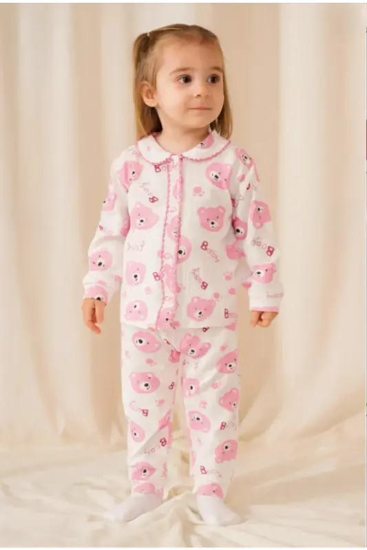 Kız Bebek Çocuk Pamuklu Oyali Pijama Takımı Hediyelik - pembe1 - 1