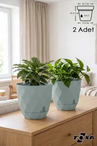 2li Prizma Saksı Seti 4,8 Litre Drenajlı Tabaklı 22cm Plastik Çiçek Saksısı Set Yakamoz No4 - Yeşil Set 