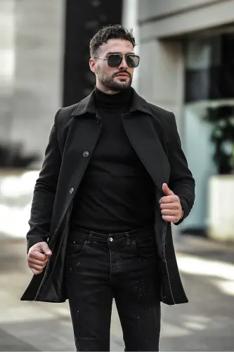 Erkek Dar Kesim Uzun Kaşe Kaban - Siyah - 8