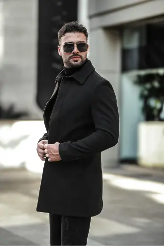 Erkek Dar Kesim Uzun Kaşe Kaban - Siyah - 10
