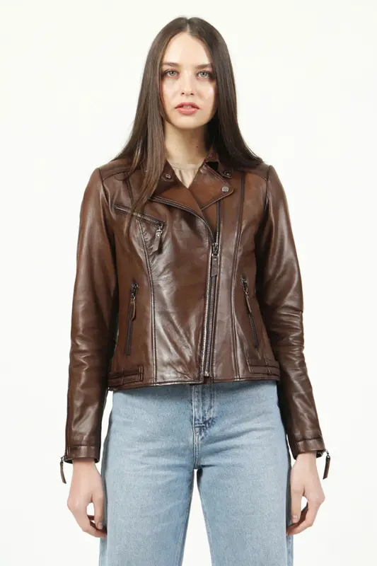 Kadın Deri Mont Yb-2039 - CAMEL ANTİK - 4