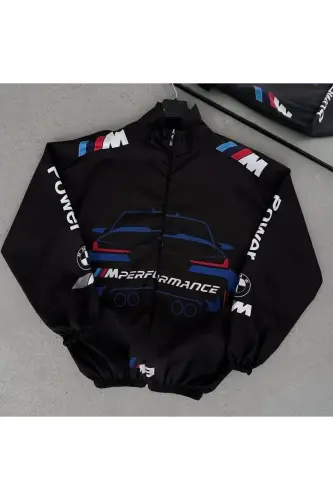 Bmw ///m Unisex Paraşüt Kumaş Oversize Dijital Baskılı Siyah Rüzgarlık Yağmurluk - Mavi - 3