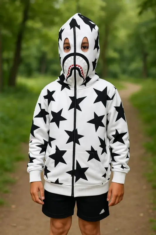 Unisex Bape Nakış İşlemeli mevsimlik 2iplik Hırka göz kısmı açık - Beyaz - 1