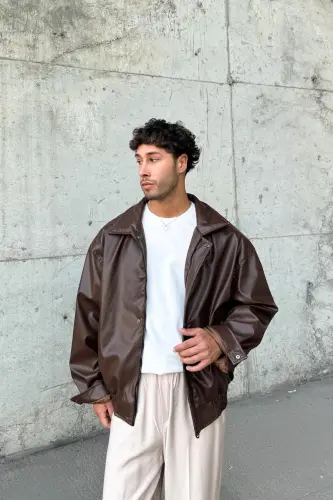 Oversize Vintage Erkek Acı Kahve Deri Ceket - Acı Kahve - 1