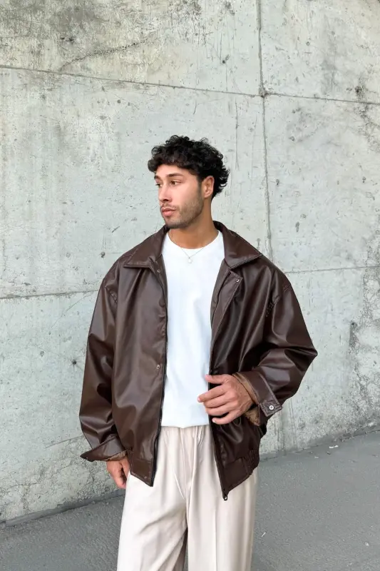 Oversize Vintage Erkek Acı Kahve Deri Ceket - Acı Kahve - 1