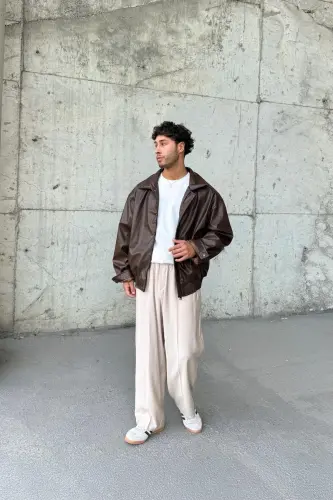 Oversize Vintage Erkek Acı Kahve Deri Ceket - Acı Kahve - MODERK (1)