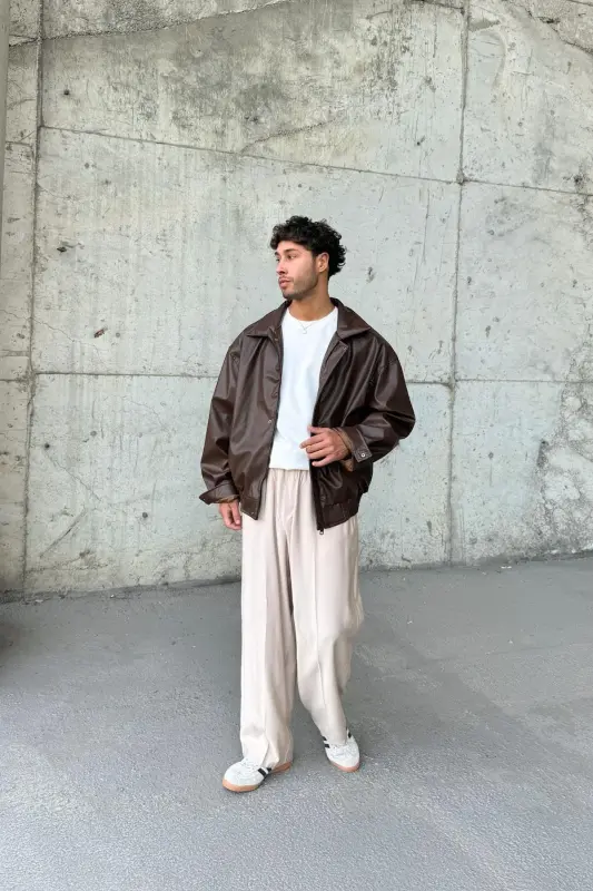 Oversize Vintage Erkek Acı Kahve Deri Ceket - Acı Kahve - 2