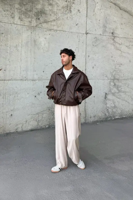 Oversize Vintage Erkek Acı Kahve Deri Ceket - Acı Kahve - 3