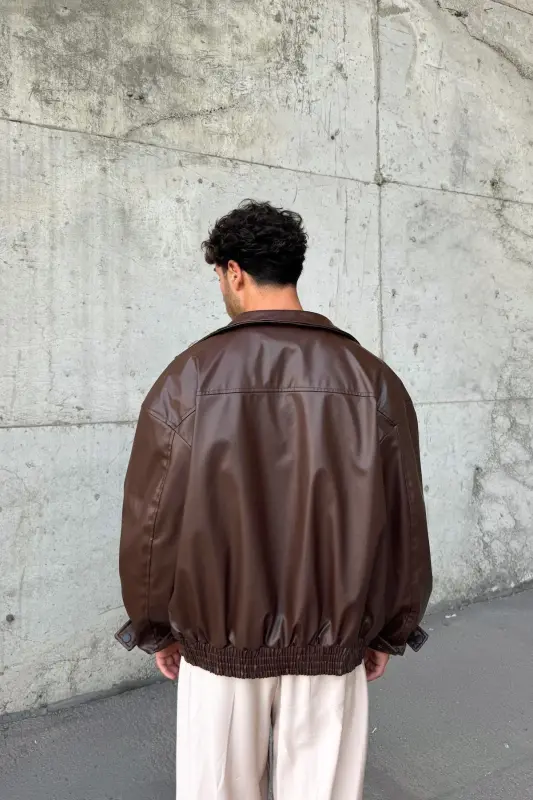 Oversize Vintage Erkek Acı Kahve Deri Ceket - Acı Kahve - 6